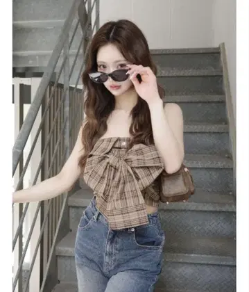 Darich 타탄 체크 리본 베어 탑