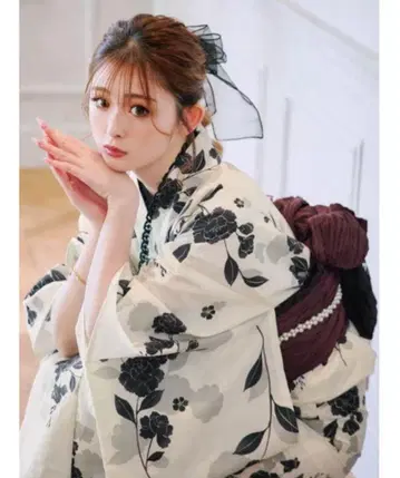 꽃무늬 유카타 오비 세트 (화이트, 블랙, 보라색)