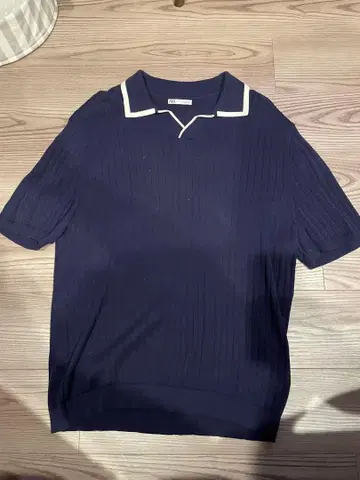 ZARA 자라 니트 피케 셔츠 반팔 XL 남성용 네이비