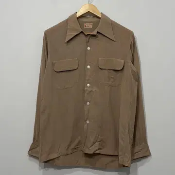 50s 개버딘 오픈 카라 셔츠 베이지 박스 와이드 셔츠 M