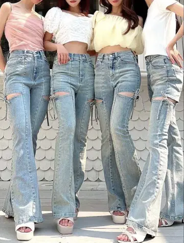 RESEXXY 컷 아웃 리본 데님 팬츠 S 사이즈 아이스 블루