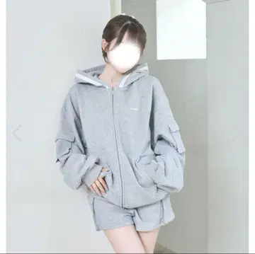 새틴 리본 포인트 카고 집업 세트 그레이