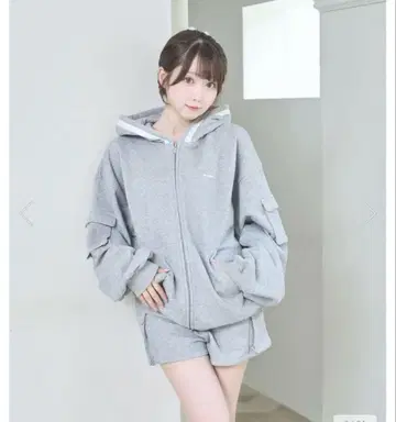 새틴 리본 포인트 카고 집업 세트 그레이