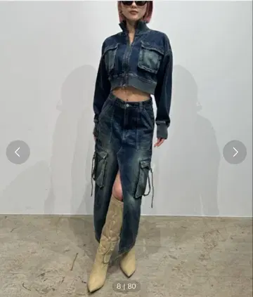 블론디 데님 블루종 카고 오버다이 데님 스커트 셋업