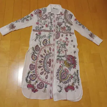 자라 ZARA S 자수 롱 셔츠 원피스 겉옷 에스닉 화이트