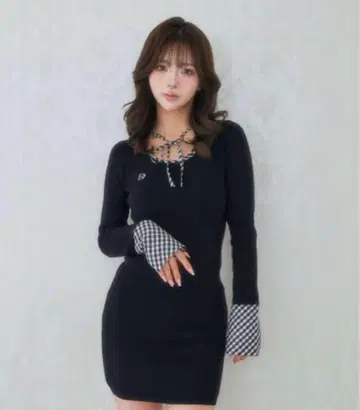 darich 체크 리본 니트 미니 원피스
