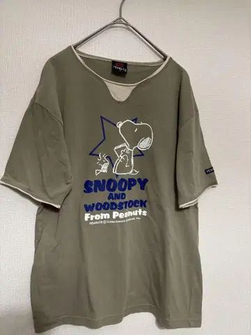 90s 스누피 레이어드 스타일 T셔츠 카키 두꺼운 원단