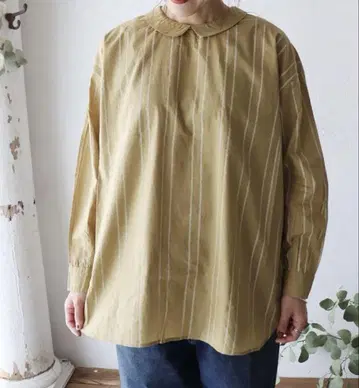 메종 드 소일 60s 코튼 스트라이프 블록 프린트 둥근 카라 셔츠
