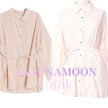 LAGUNAMOON 와이드 슬리브 하트 버튼 셔츠 (벨트 포함) 핑크