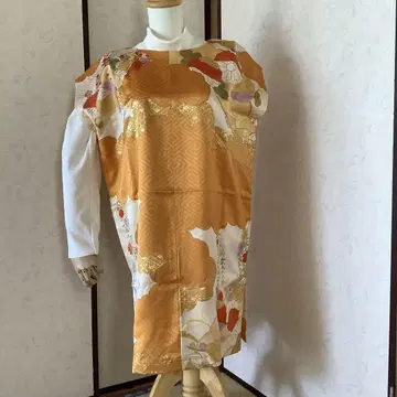 후리소데 오렌지 꽃무늬 금박 기모노 리메이크 안감 있음