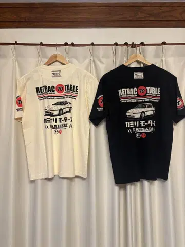 카미나리 모터스 레트로 프린트 T셔츠 크림색 블랙