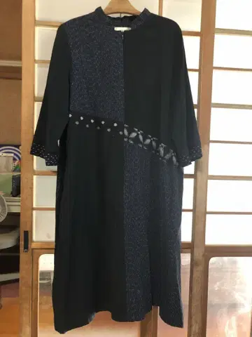채람 미야타 직물 네이비 나염 천연 소재 원피스 일본제