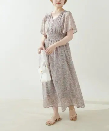 내추럴 꾸뛰르 꽃무늬 플레어 슬리브 고급 원피스 롱 셔링