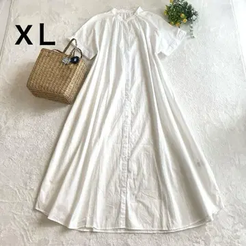 코튼 화이트 셔츠 원피스 반팔 롱 밴드 카라 XL