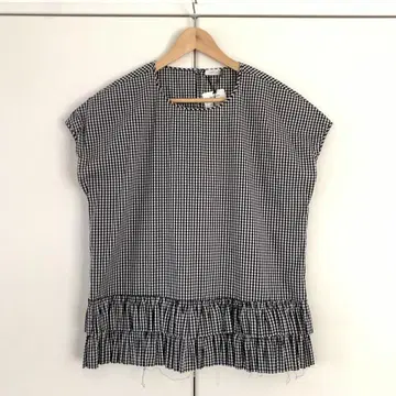 택 포함 새상품 이탈리아제 화이트 블랙 깅엄 체크 튜닉 개더 프릴