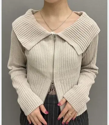 Ray BEAMS 라메 리브 지퍼 빅 칼라 니트