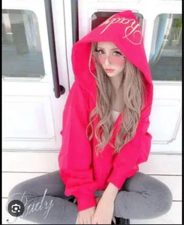 핑크 풀 지퍼 후드티 로고 자수