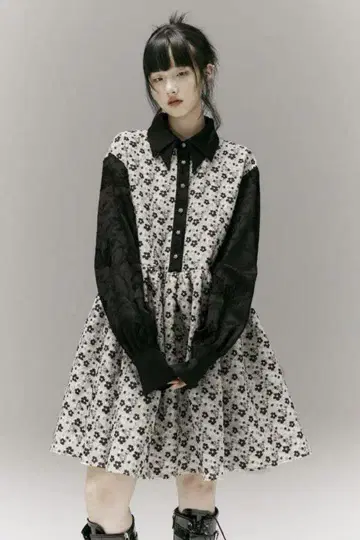 FUSSED 자카드 원피스 드레스 플레어 카라 부착 꽃무늬 긴팔