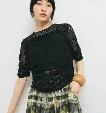 레이스 반팔 상의 블랙
