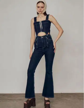 EMODA 코르셋 하이웨이스트 데님 살로펫 셋업