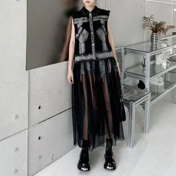 데님 쉬폰 롱 데님 x 튤 도킹 원피스 레이어드 택 포함
