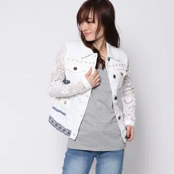 빅 사이즈 42 Desigual 레이스 소매 절개 데님 자켓
