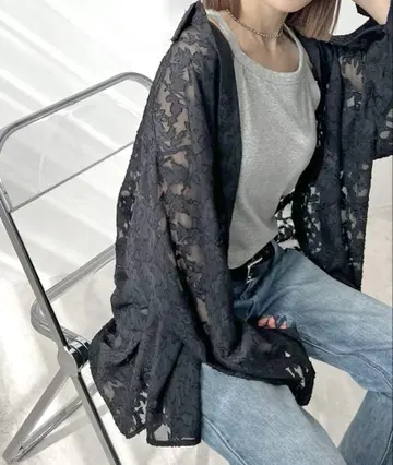 자카드 플라워 시어 셔츠