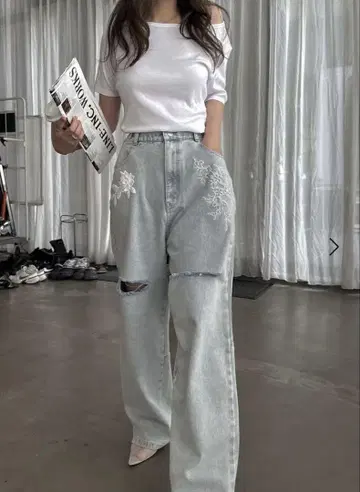 size adjust motif lace loose denim PT