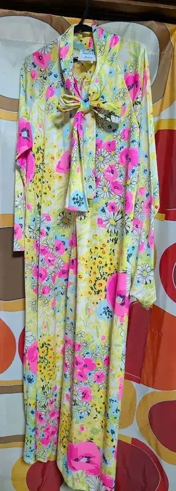 60s 70s flower print 원피스 리본 타이 vintage