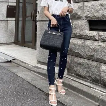 리엔다 펄 장식 데님 스키니