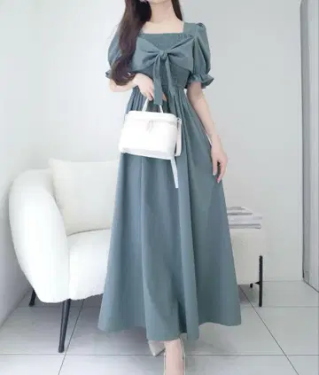 리본 스퀘어넥 롱 원피스 퍼프 슬리브 스카이블루 새상품