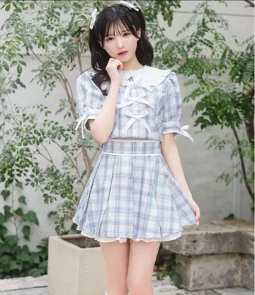 허니시나몬 포인트 리본 배색 체크 셋업 스카이블루