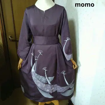 순수 실크 호몬기 허리 리본 포함 턱 들어간 원피스 기모노 리메이크