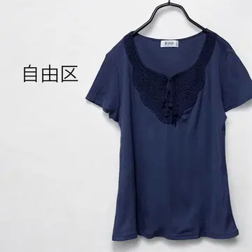 자유구 크로셰 편직 반팔 리브 티셔츠 네이비 페미닌 자수 T셔츠