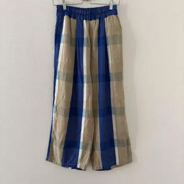 새상품급 에스트로 루즈 면린넨 혼방 체크 팬츠 블루 베이지