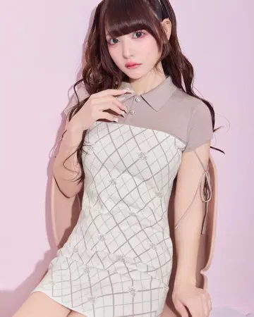 미셸 마카롱 모노그램 니트 미니 원피스 핑크 베이지