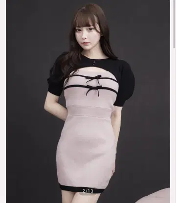 pium 리본 테이프 레이어드 반팔 니트 원피스