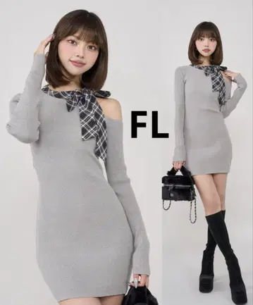 Darich 다리치 체크 리본 원숄 니트 미니 원피스 FL