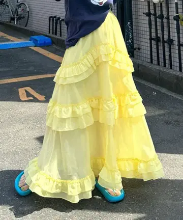 Alley wcloset 풍성한 프릴 티어드 시어 스커트 옐로우 컬러