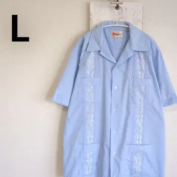 구제 의류 Guayabera 가야베라 쿠바 셔츠 블루 멕시칸 셔츠