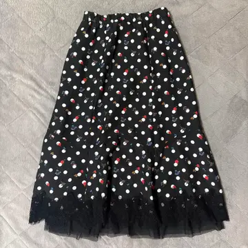 새상품급 진카토우 도트 꽃무늬 레이스 플레어 롱 스커트 블랙 M