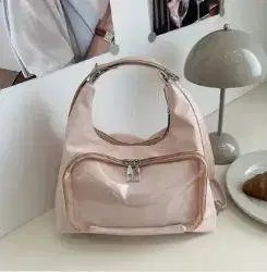 지퍼 포켓 부착 핑크 핸드백