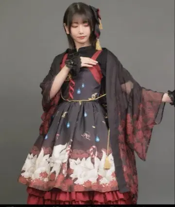 axes femme kawaii 피안화 꽃무늬 시어 기모노풍 겉옷 블랙