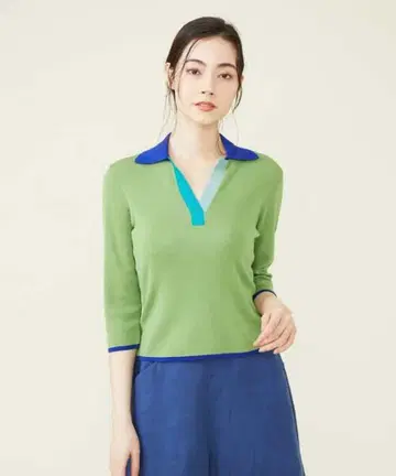 시빌라 컬러 블록 그린 폴로 소매 니트