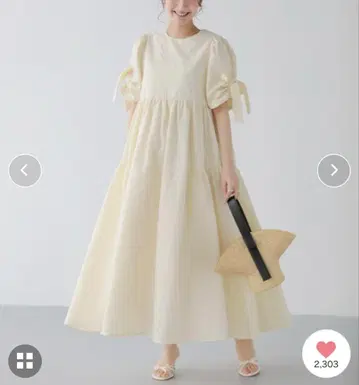 핏모어 Fit more 소매 리본 자카드 원피스 F 블루 롱 기장