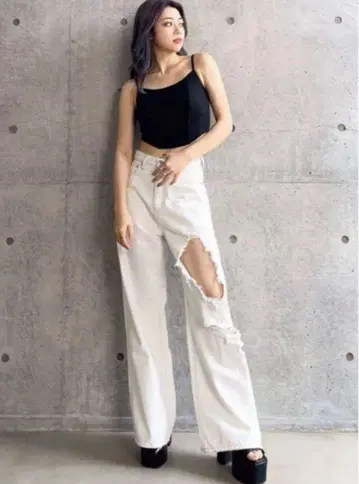 GYDA 화이트 데미지 와이드 레그 데님 팬츠 M