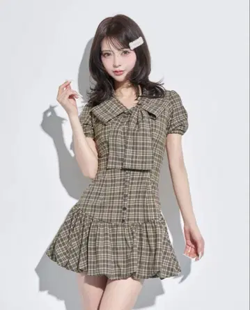 다리치 빅 리본 벌룬 체크 미니 원피스