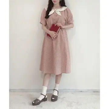 fint 버클 타이 사용 체크 무늬 원피스 빨간색