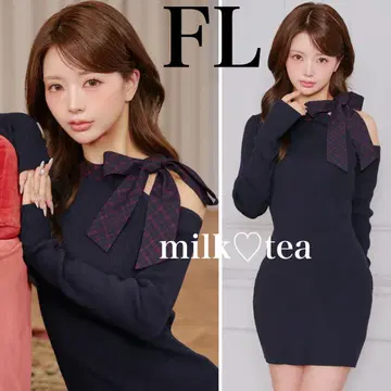 택 포함 새상품 다리치 체크 리본 원숄더 니트 미니 원피스 FL