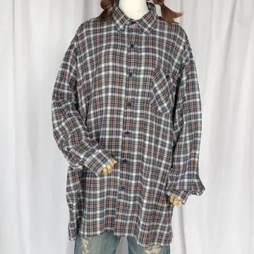 used 2XL-3XL / 체크 무늬 긴팔 셔츠 롱 기장 카키 그린 계열